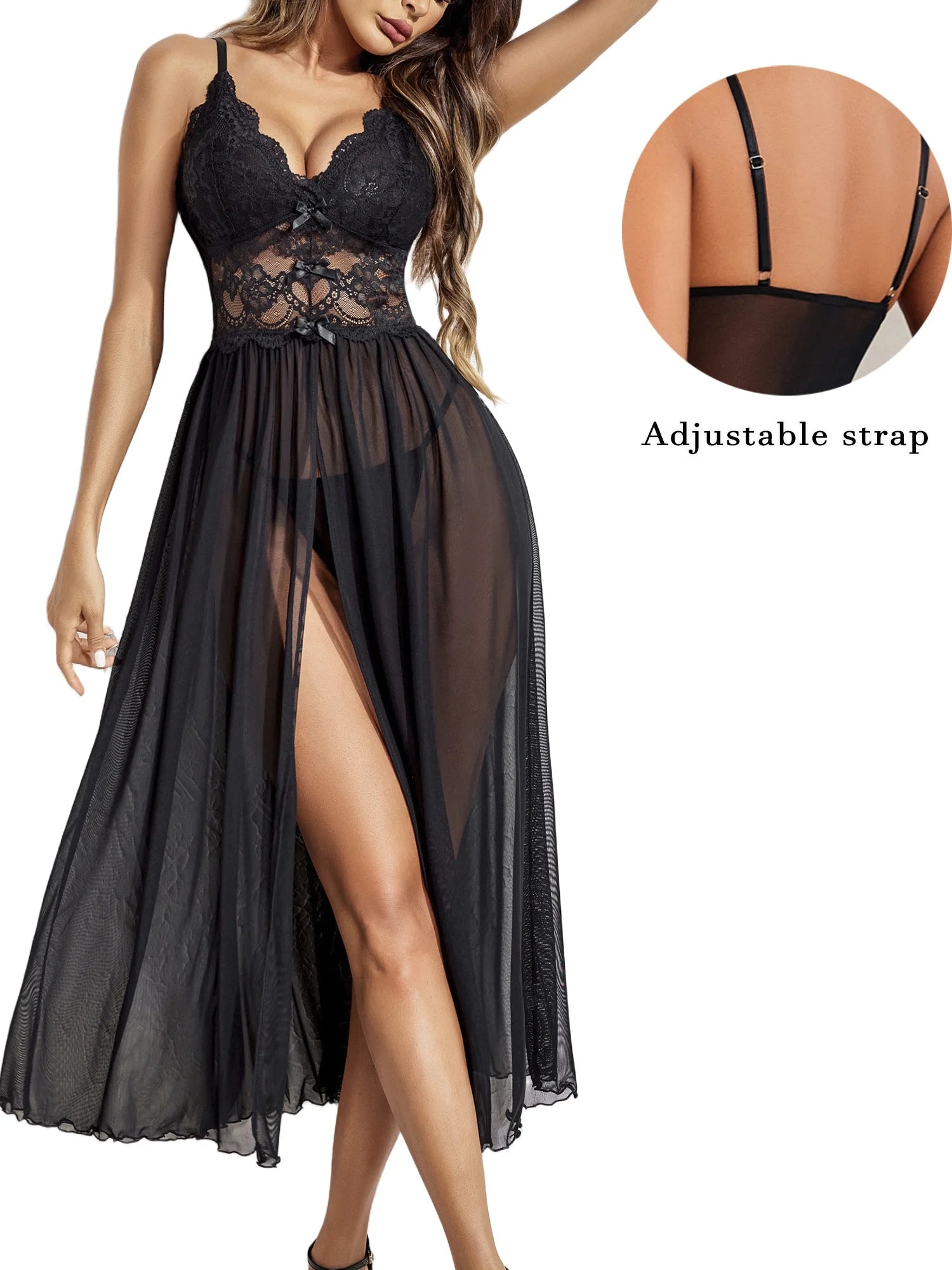 Women Lingerie Lace Chemise Sexy Mesh Nightdress V Neck Nightwear Split Nightgown S-XXL