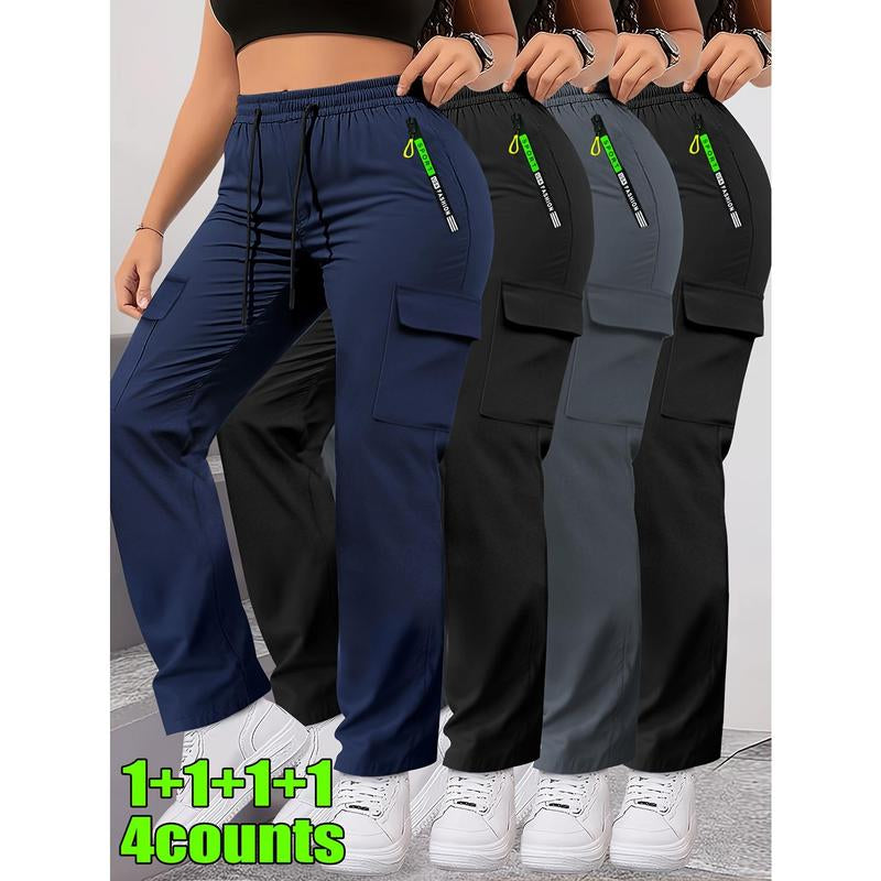 4Pcs Women'S Spring/Autumn Cargo Pants | Fashion Large Pocket Design with Drawstring Elastic Waist, Casual Outdoor/Daily Wear Long Pants, Solid Color, Regular Fit by HIDKAT