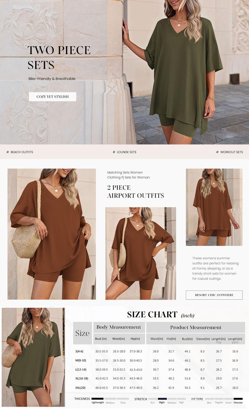 Prettygarden 2 Piece Sets for Women Summer Lounge Short Set Spring Matching Biker Shorts V Neck Oversized Shirt Clothing