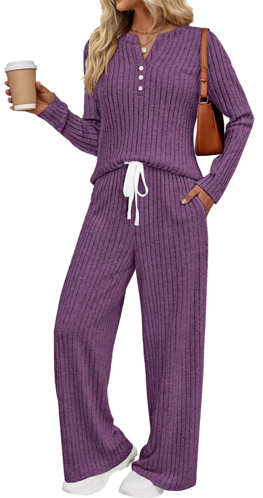 Two Piece  Fall Travel Outfits Henley Neck Sweater Tops Wide Leg Pants Matching Sets Pajamas Clothes