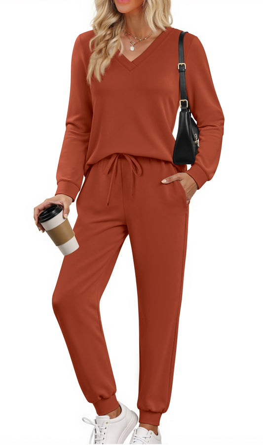 Two Piece Sets for Women Fall Outfits Fashion Lounge Sets V Neck Tops Long Pants Tracksuit Vacation Travel Outfits