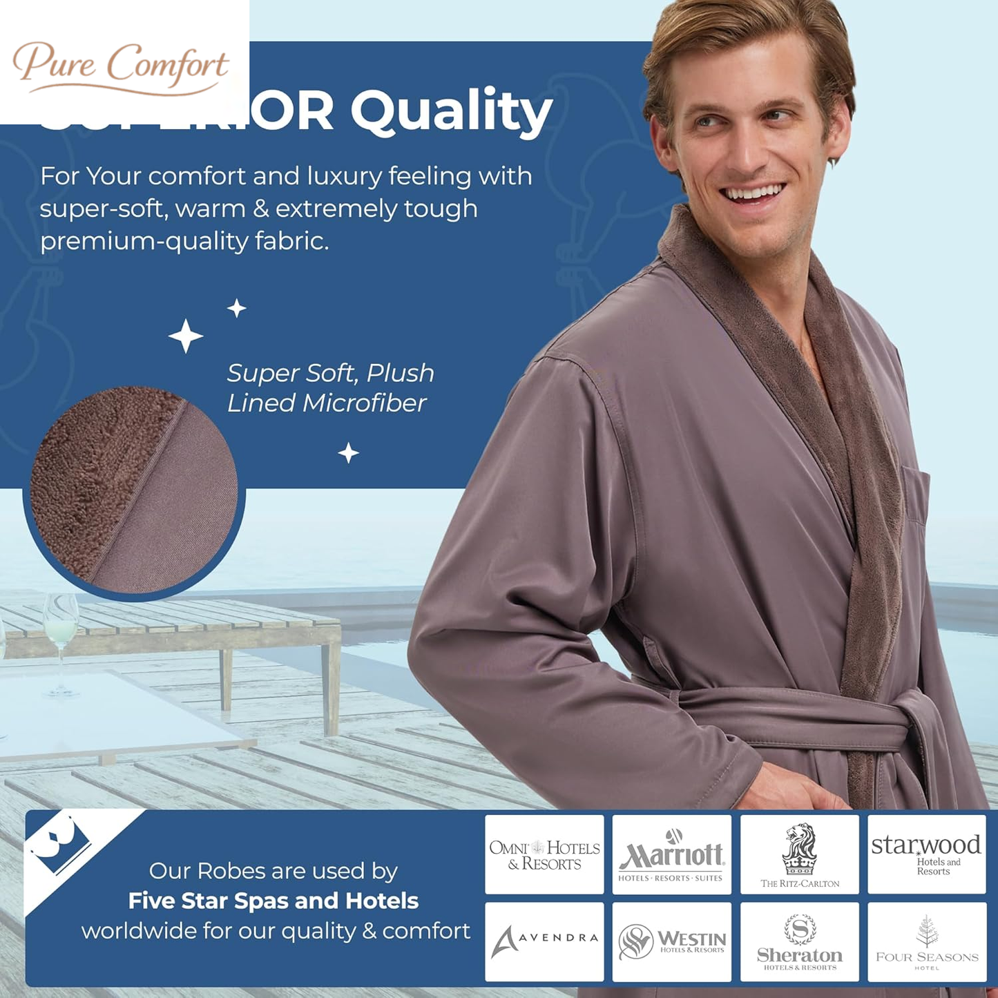 Unisex Plush Lined Microfiber Bath Robe - Soft Shell with Polyester Lining, Resort-Grade Hotel & Spa Robe with Pocket