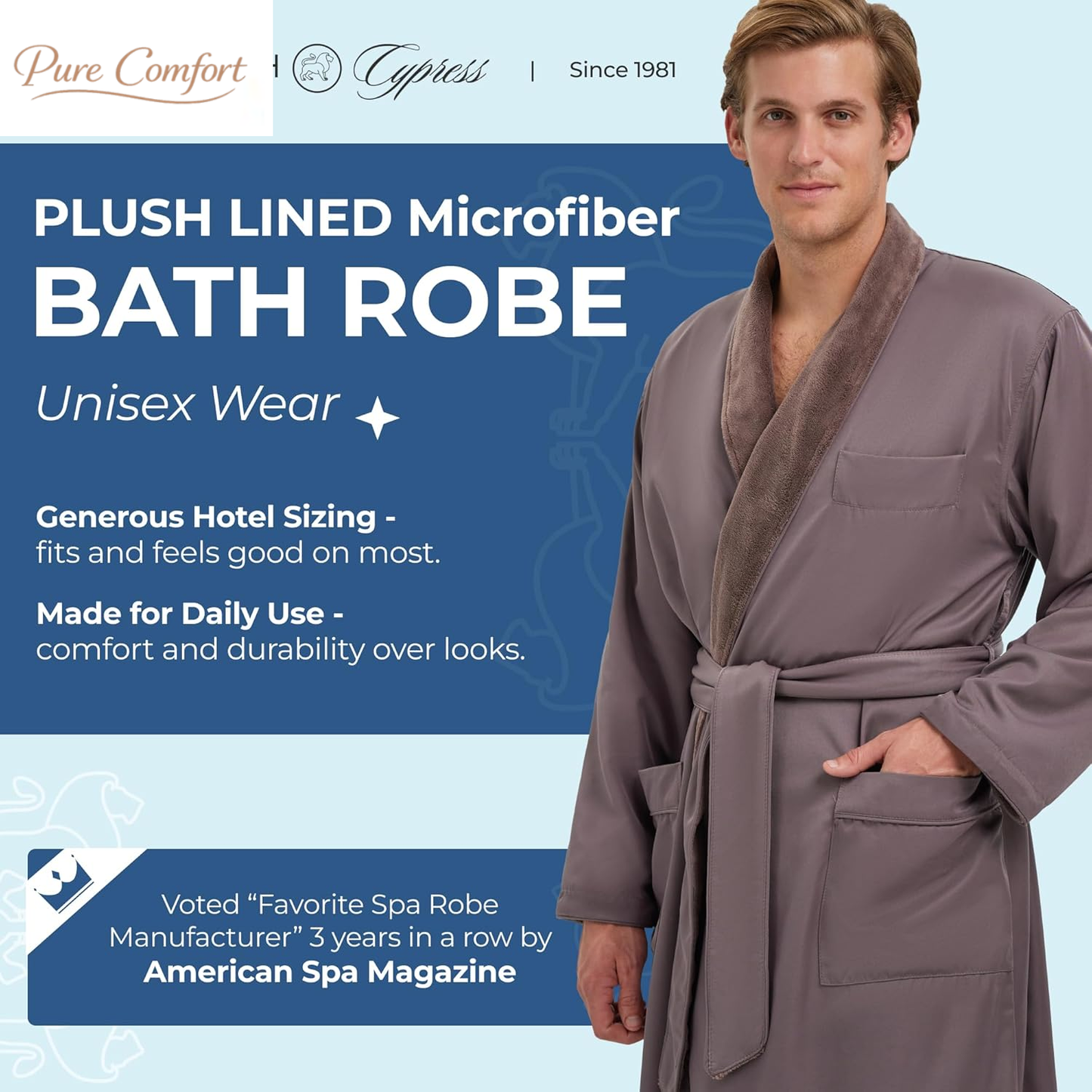 Unisex Plush Lined Microfiber Bath Robe - Soft Shell with Polyester Lining, Resort-Grade Hotel & Spa Robe with Pocket