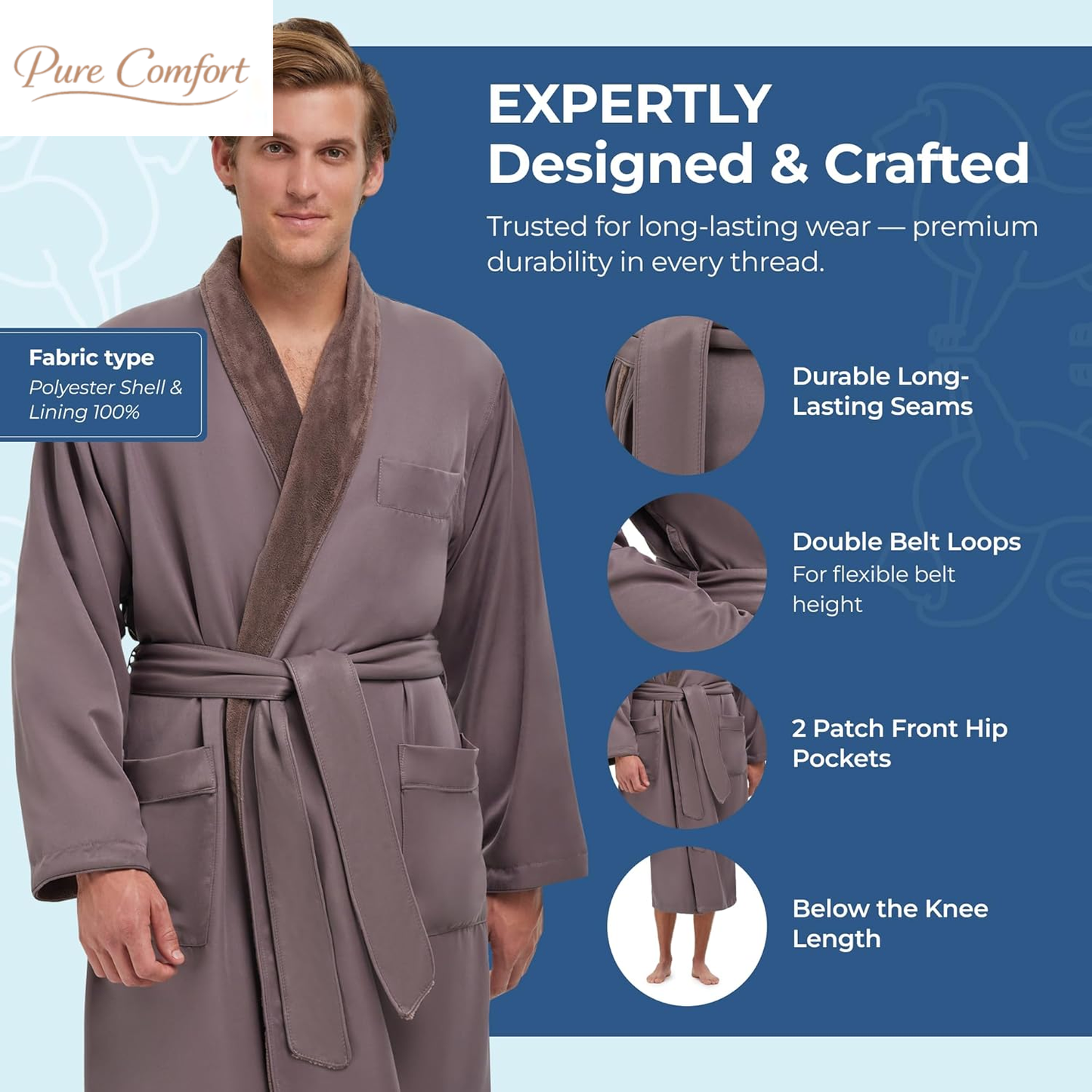 Unisex Plush Lined Microfiber Bath Robe - Soft Shell with Polyester Lining, Resort-Grade Hotel & Spa Robe with Pocket