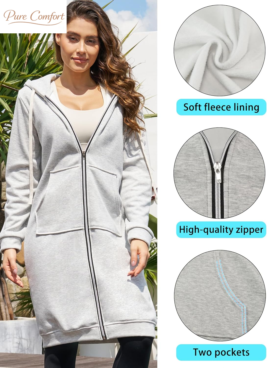 Womens Long Zip up Hoodies Comfortable Fleece Fashion Sweatshirts 2026 Casual Jackets with Pockets