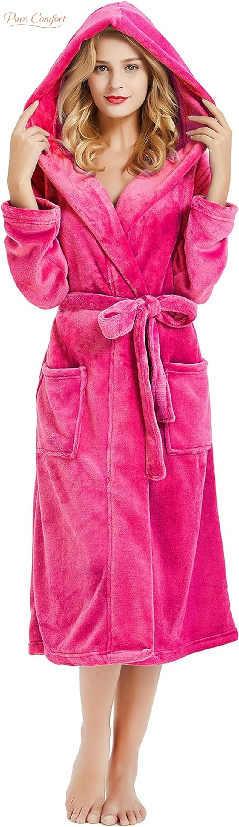 Womens Hooded Fleece Robe, Soft Bathrobe for Womens, Cute Long House Coat