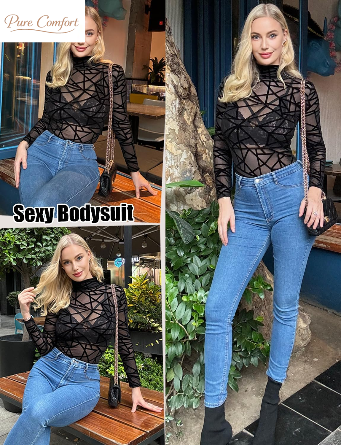 Long Sleeve Bodysuit for Women Mesh Bodysuit Turtleneck Sheer Tops Geo Print Leotards S-XXL
