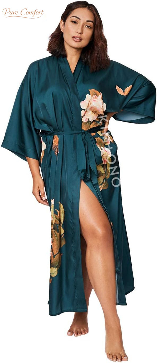 plus Size Luxury Kimono Robe for Women | Long Floral Robe | Original Design | Removable Waist Tie Closure