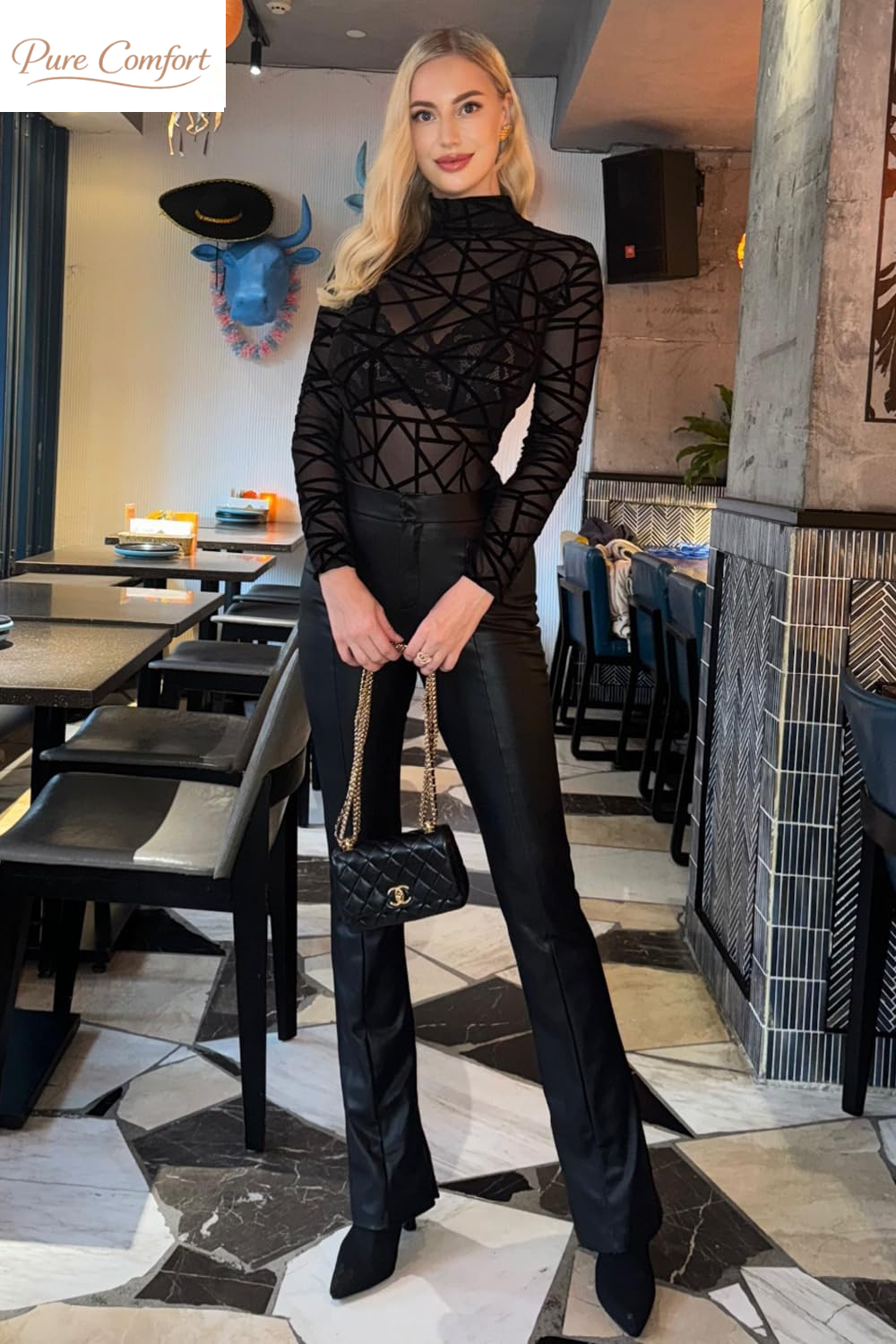 Long Sleeve Bodysuit for Women Mesh Bodysuit Turtleneck Sheer Tops Geo Print Leotards S-XXL