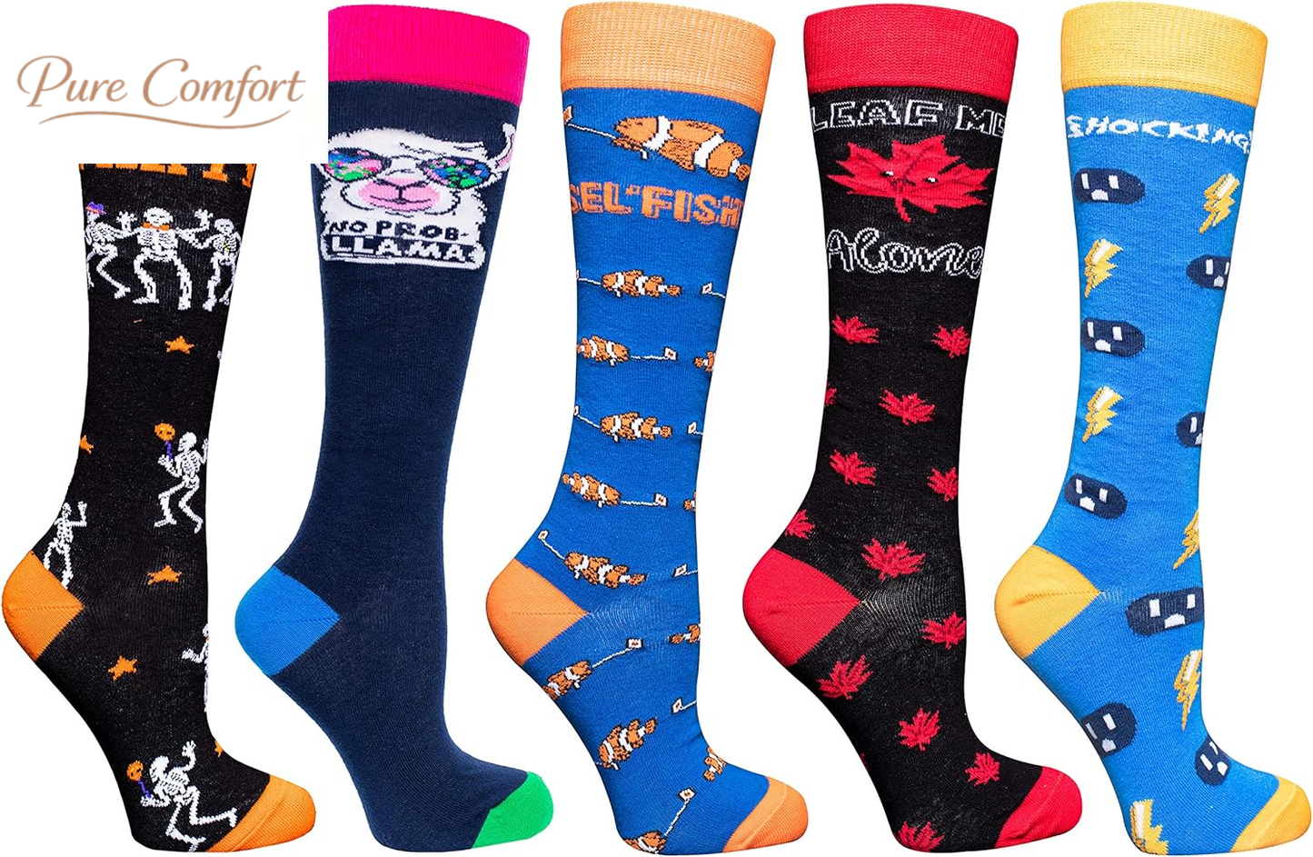 -Women 5-Pairs Luxury Cotton Colorful Cool Fun Knee High Socks