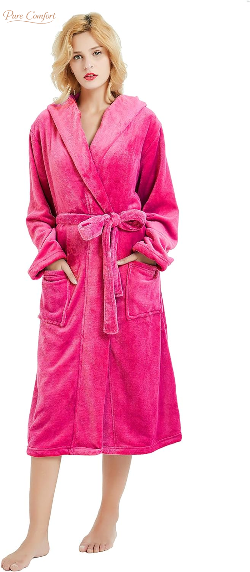 Womens Hooded Fleece Robe, Soft Bathrobe for Womens, Cute Long House Coat