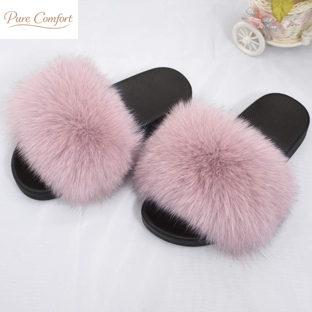 Real Fox Fur Slides for Women - Fluffy Fur Slippers Open Toe Flat Sandals for Outdoor