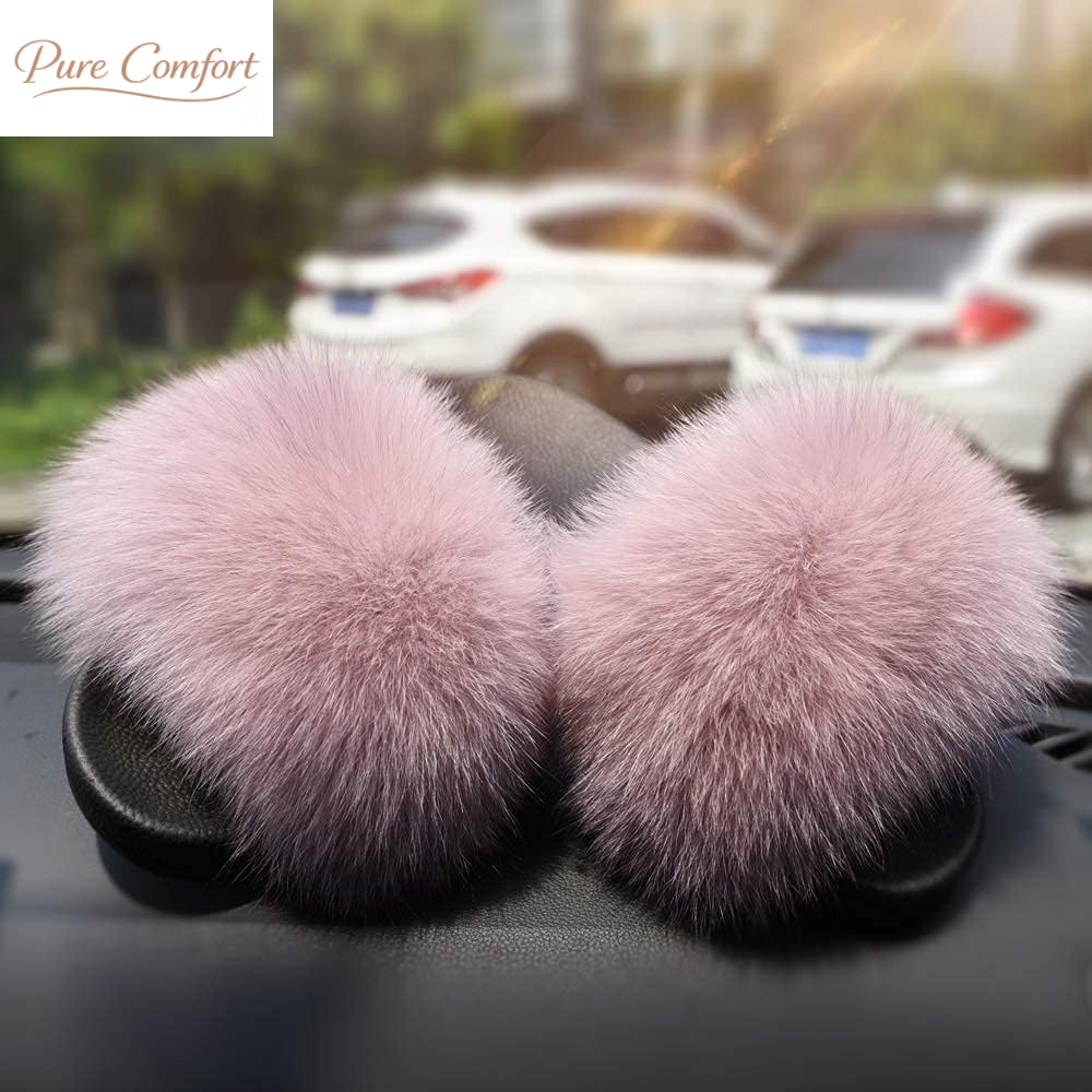 Real Fox Fur Slides for Women - Fluffy Fur Slippers Open Toe Flat Sandals for Outdoor