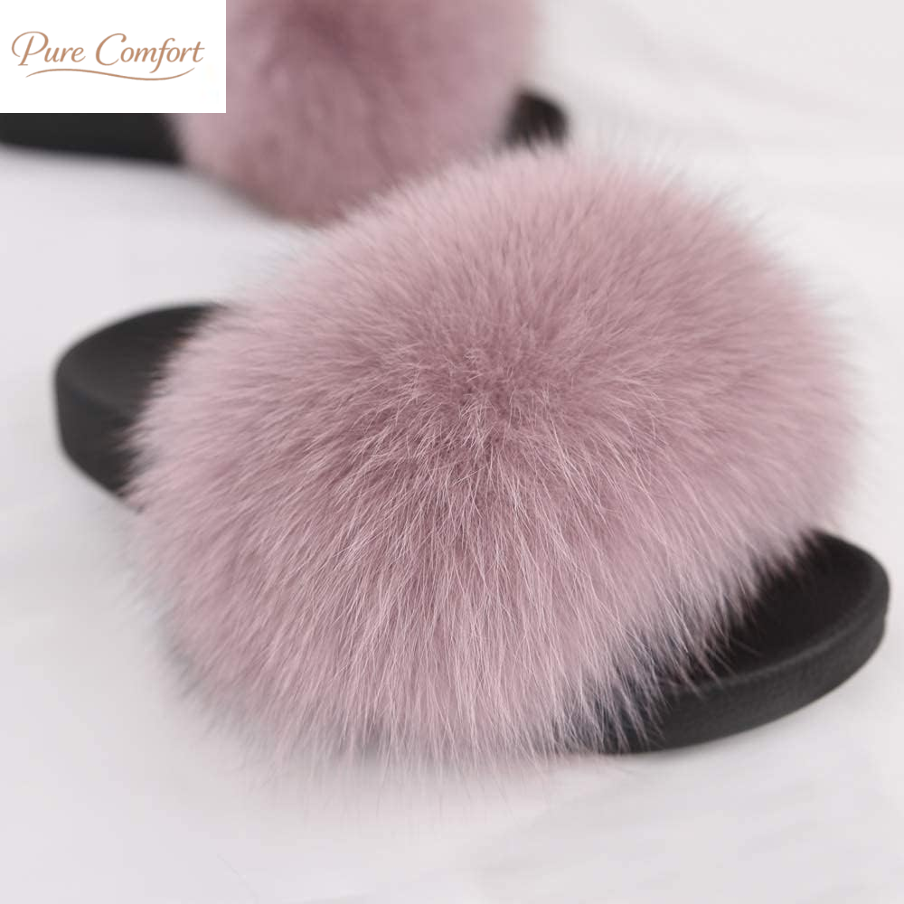 Real Fox Fur Slides for Women - Fluffy Fur Slippers Open Toe Flat Sandals for Outdoor