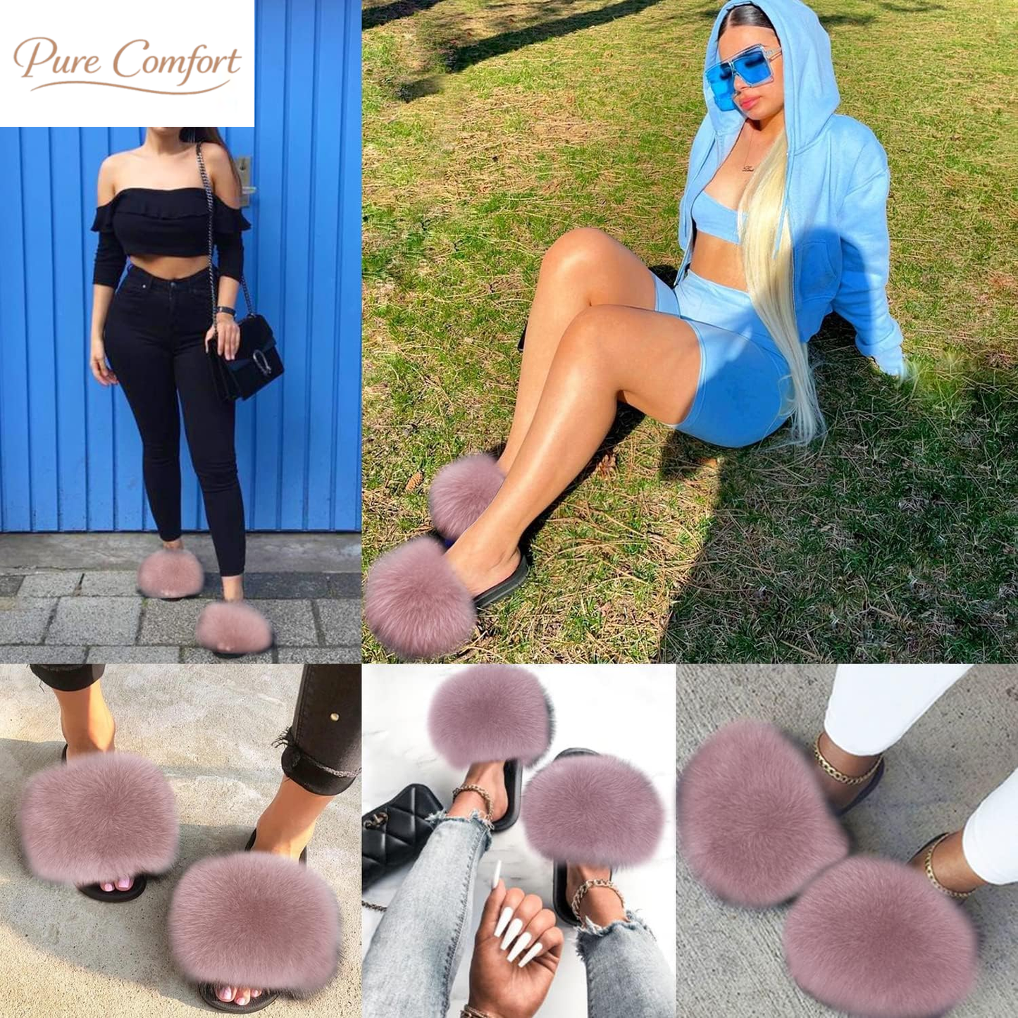 Real Fox Fur Slides for Women - Fluffy Fur Slippers Open Toe Flat Sandals for Outdoor
