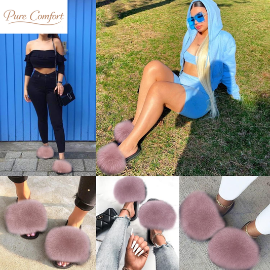 Real Fox Fur Slides for Women - Fluffy Fur Slippers Open Toe Flat Sandals for Outdoor