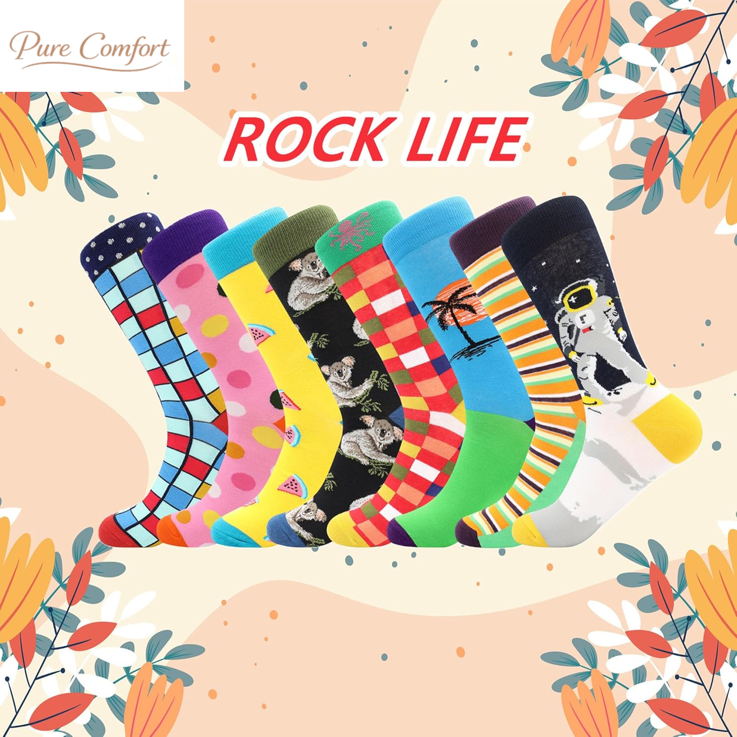 Mens Dress Socks Funny Fun Colorful Crazy Funky Crew Socks for Men Novelty Happy Cotton Size 9-12