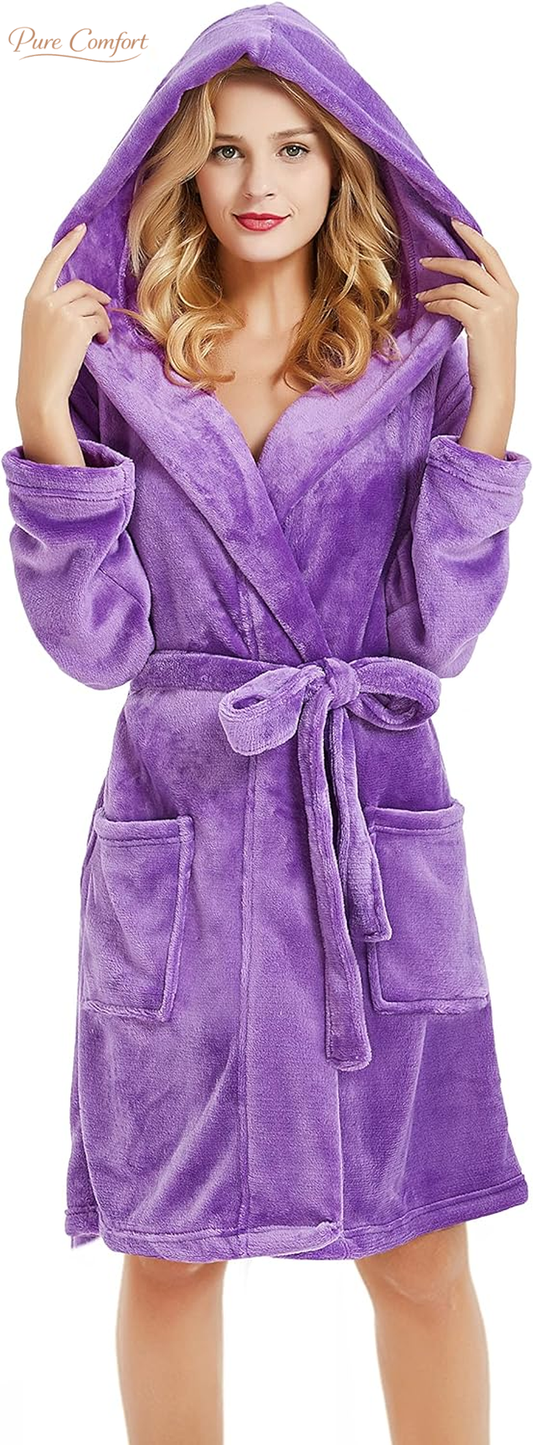Women Hooded Fleece Robe, Short Plush Robes for Womens with Hood Soft Warm Spa Bathrobe