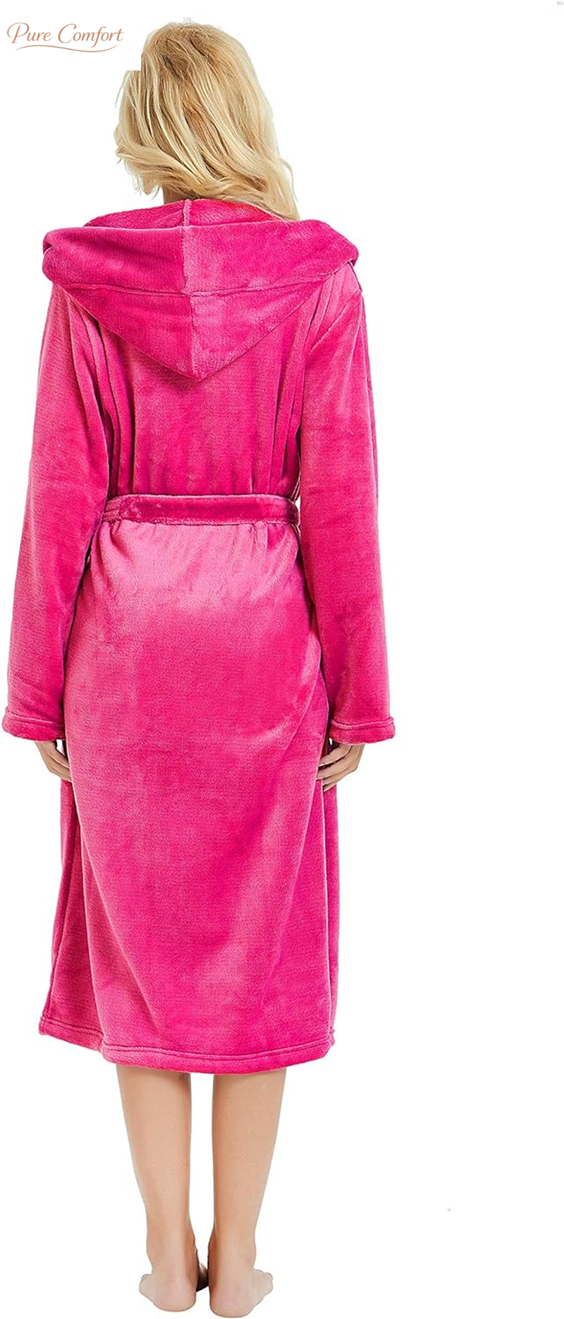 Womens Hooded Fleece Robe, Soft Bathrobe for Womens, Cute Long House Coat