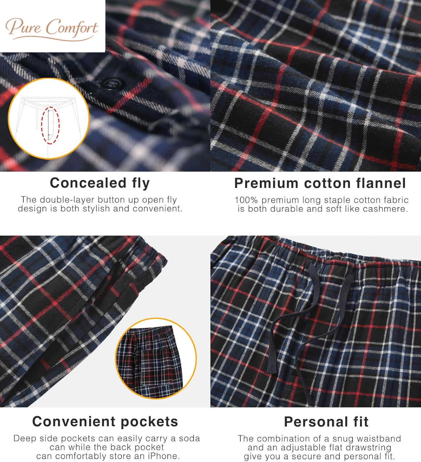 Men'S Pajama Pants Cotton Flannel Plaid Lounge Fleece Warm Sleepwear Pants PJ Bottoms Drawstring and Pockets M39/M128