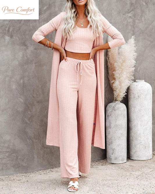 Womens 3 Piece Lounge Sets Pajamas Knit Long Sleeve Cardigan Crop Top Wide Leg Pants Loungewear Set