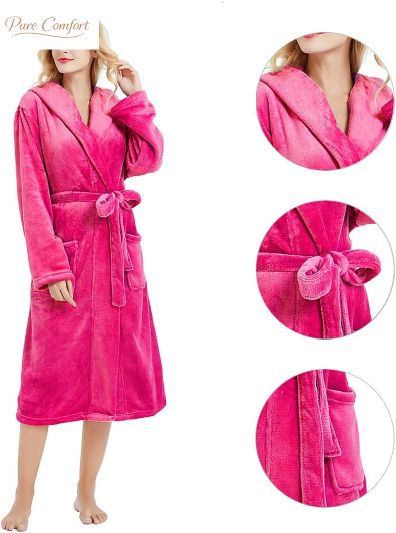 Womens Hooded Fleece Robe, Soft Bathrobe for Womens, Cute Long House Coat