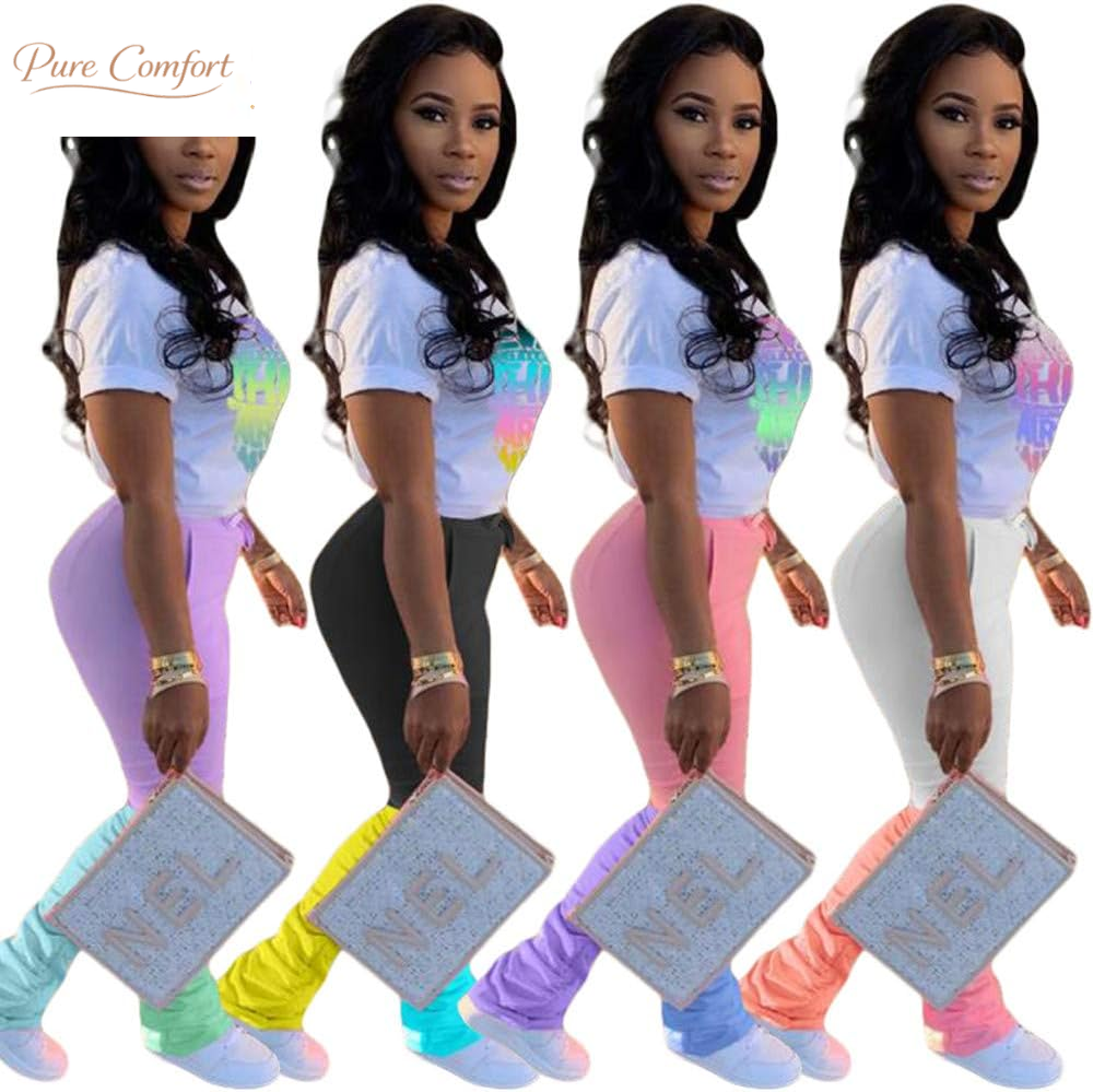Casual 2 Piece Outfit Sets for Women Color Block Short Sleeve T-Shirts + Stacked Flare Pants Tracksuit Sweatsuit