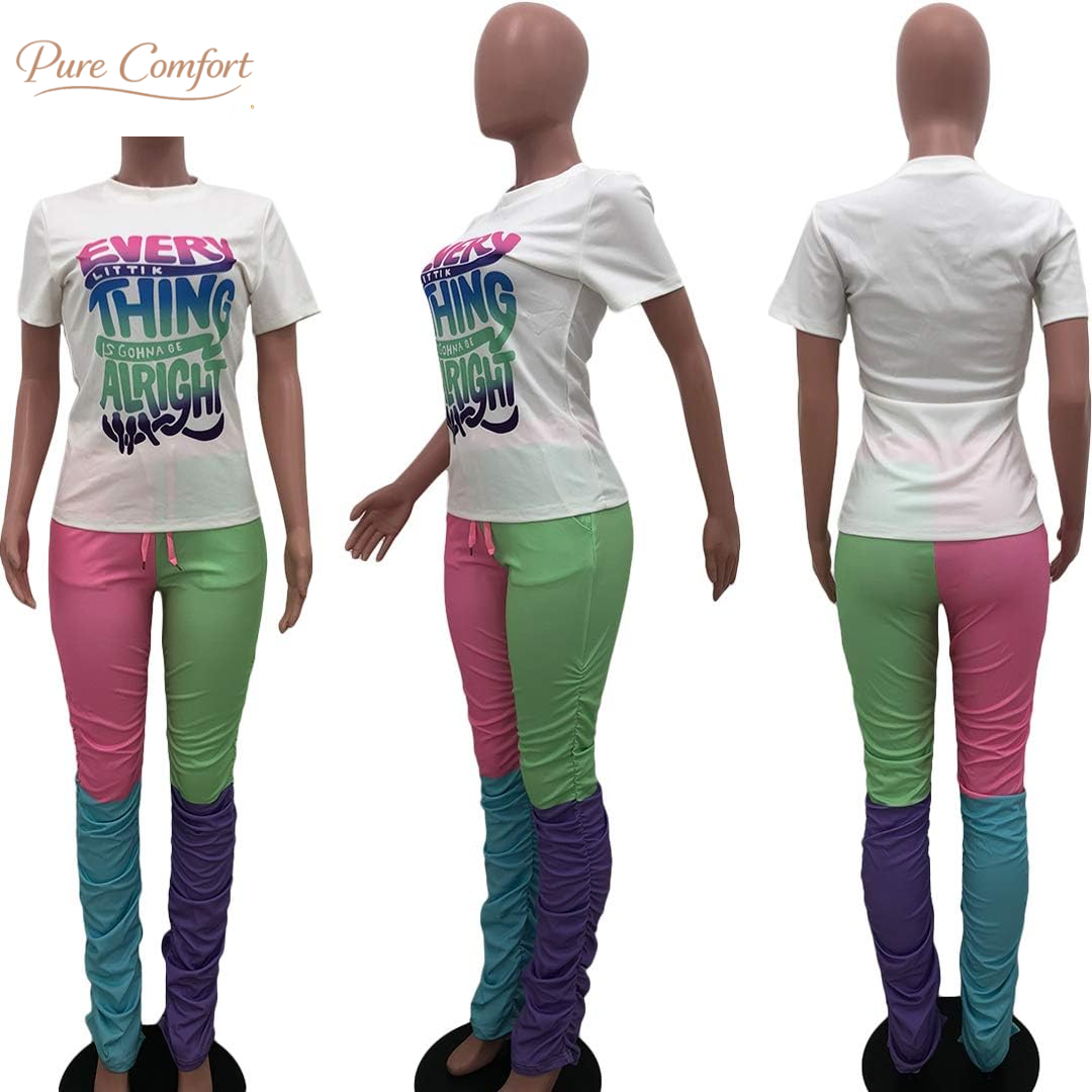 Casual 2 Piece Outfit Sets for Women Color Block Short Sleeve T-Shirts + Stacked Flare Pants Tracksuit Sweatsuit