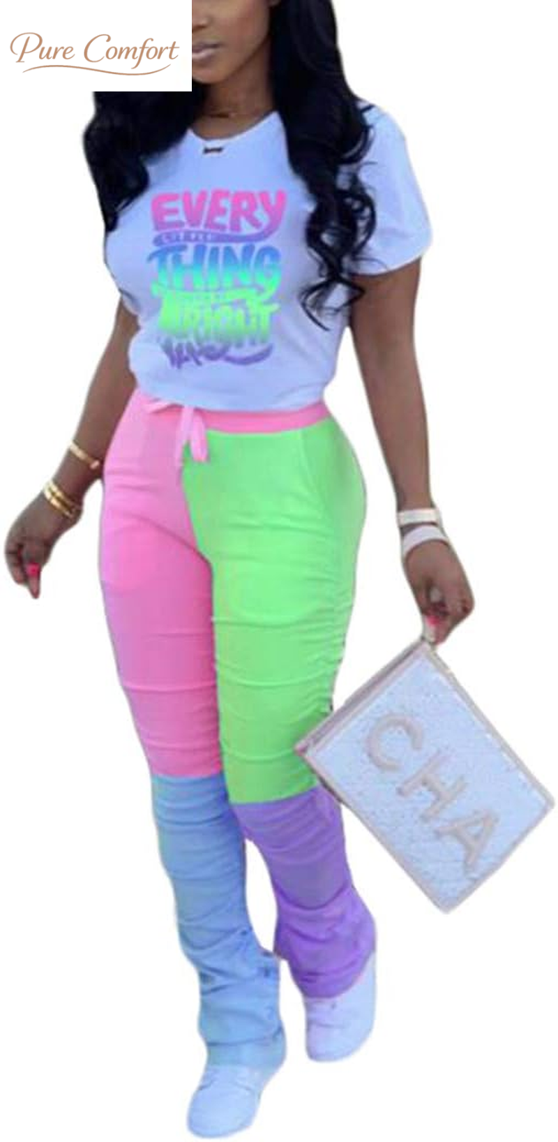 Casual 2 Piece Outfit Sets for Women Color Block Short Sleeve T-Shirts + Stacked Flare Pants Tracksuit Sweatsuit