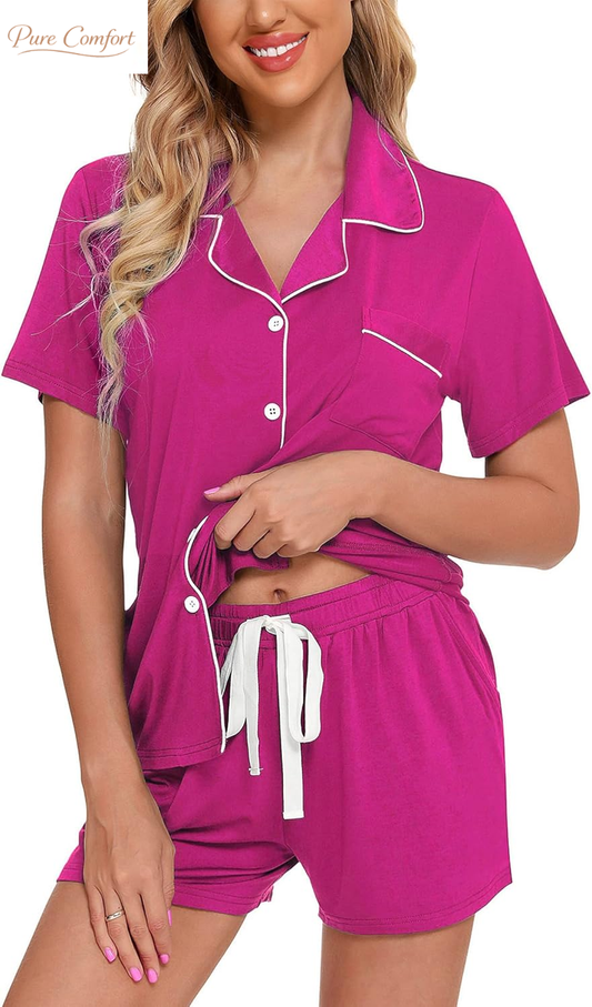 Womens Pajamas Set Short Sleeve Sleepwear Button down Nightwear Shorts Soft Pj Sets S-XXL