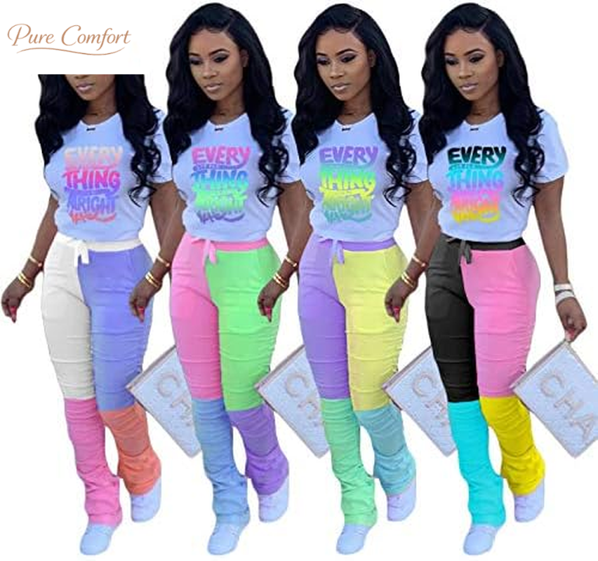 Casual 2 Piece Outfit Sets for Women Color Block Short Sleeve T-Shirts + Stacked Flare Pants Tracksuit Sweatsuit