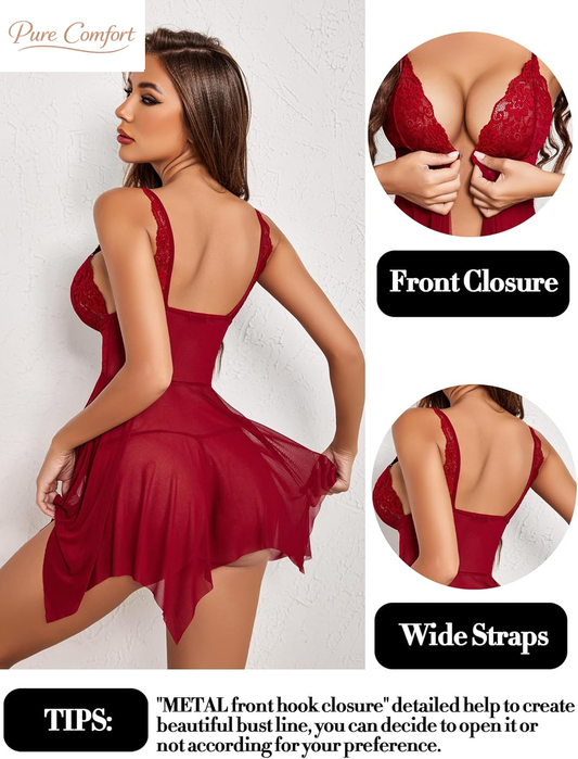 Women Lace Lingerie Front Closure Babydoll V Neck Nightwear Sexy Chemise Nightie