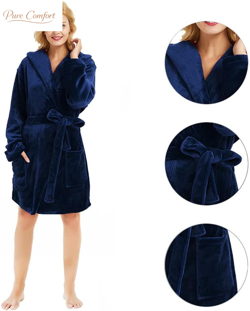Women Hooded Fleece Robe, Short Plush Robes for Womens with Hood Soft Warm Spa Bathrobe