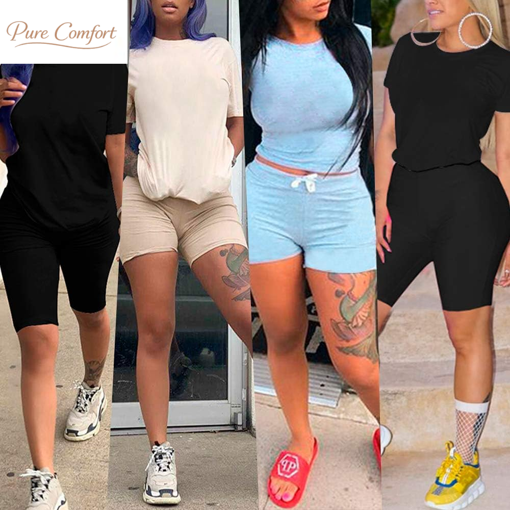 Women'S 2 Piece Casual Fashion Sports Solid Color Suit Short Sleeve Top and Pants Set Sweatshirt