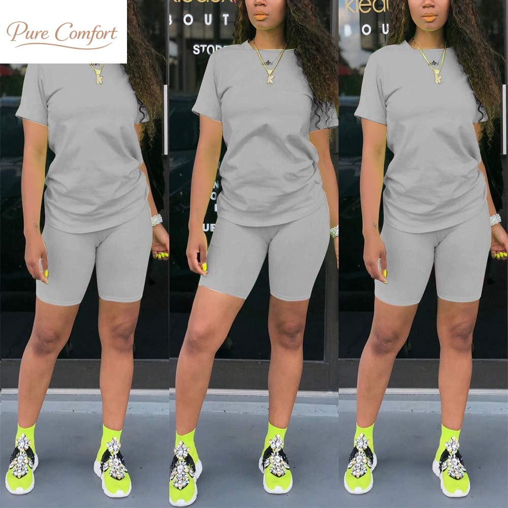 Women'S 2 Piece Casual Fashion Sports Solid Color Suit Short Sleeve Top and Pants Set Sweatshirt