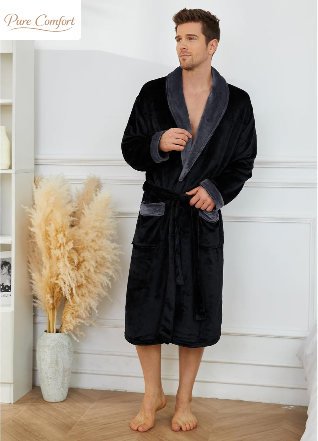 Mens Fleece Robe Plush Collar Shawl Bathrobe