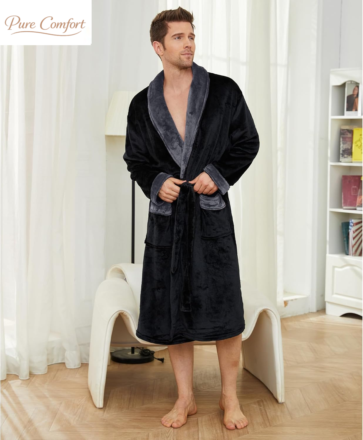 Mens Fleece Robe Plush Collar Shawl Bathrobe