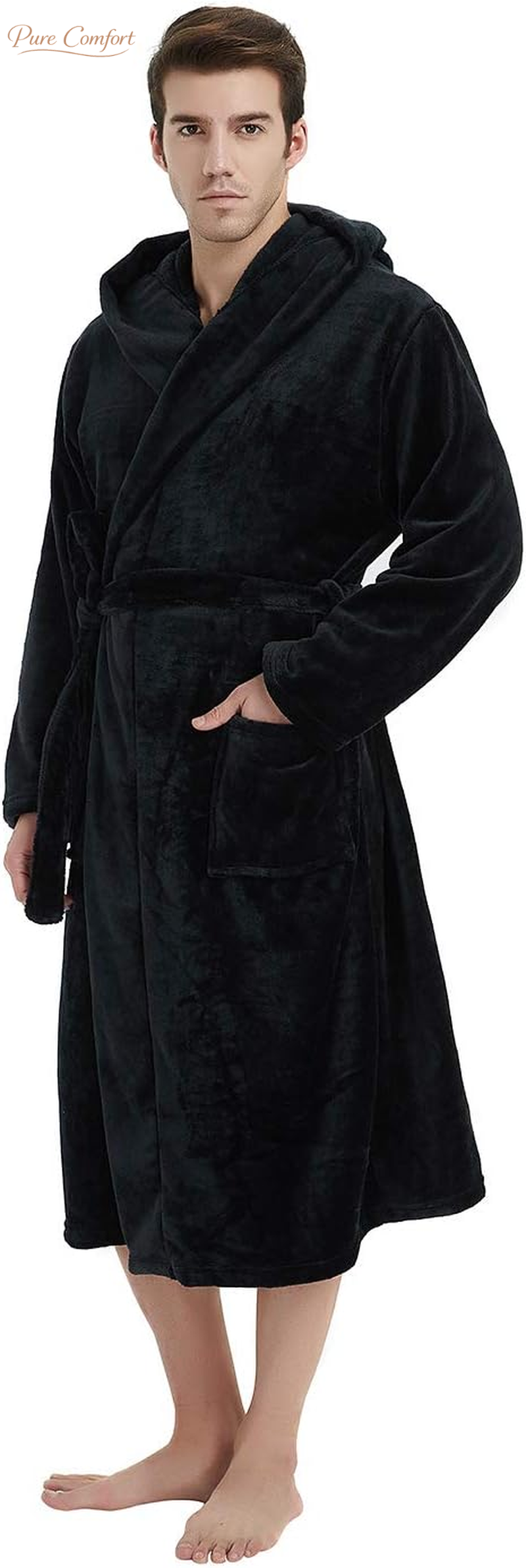 Mens Hooded Robe, Plush Robes for Men Long Fleece Bathrobe