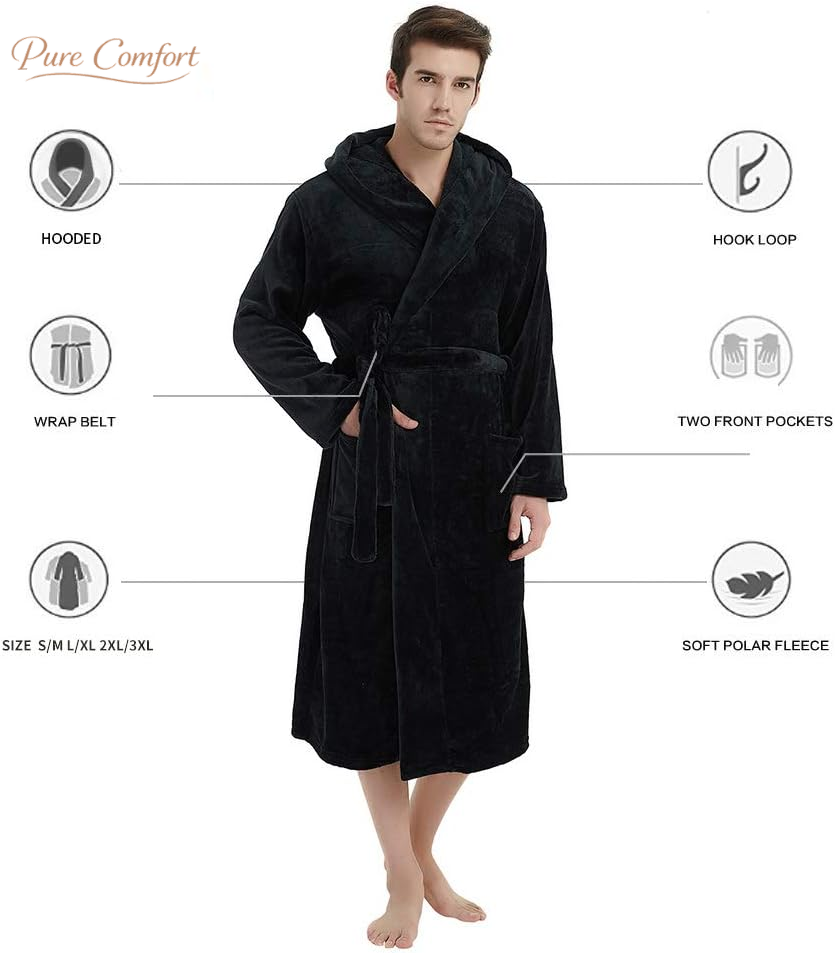 Mens Hooded Robe, Plush Robes for Men Long Fleece Bathrobe