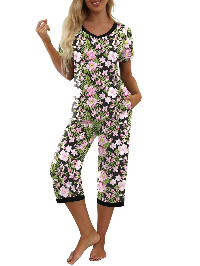 Women'S Pajama Sets Short Sleeve Shirt and Capri Soft Pajama Sets with Pockets S-4XL