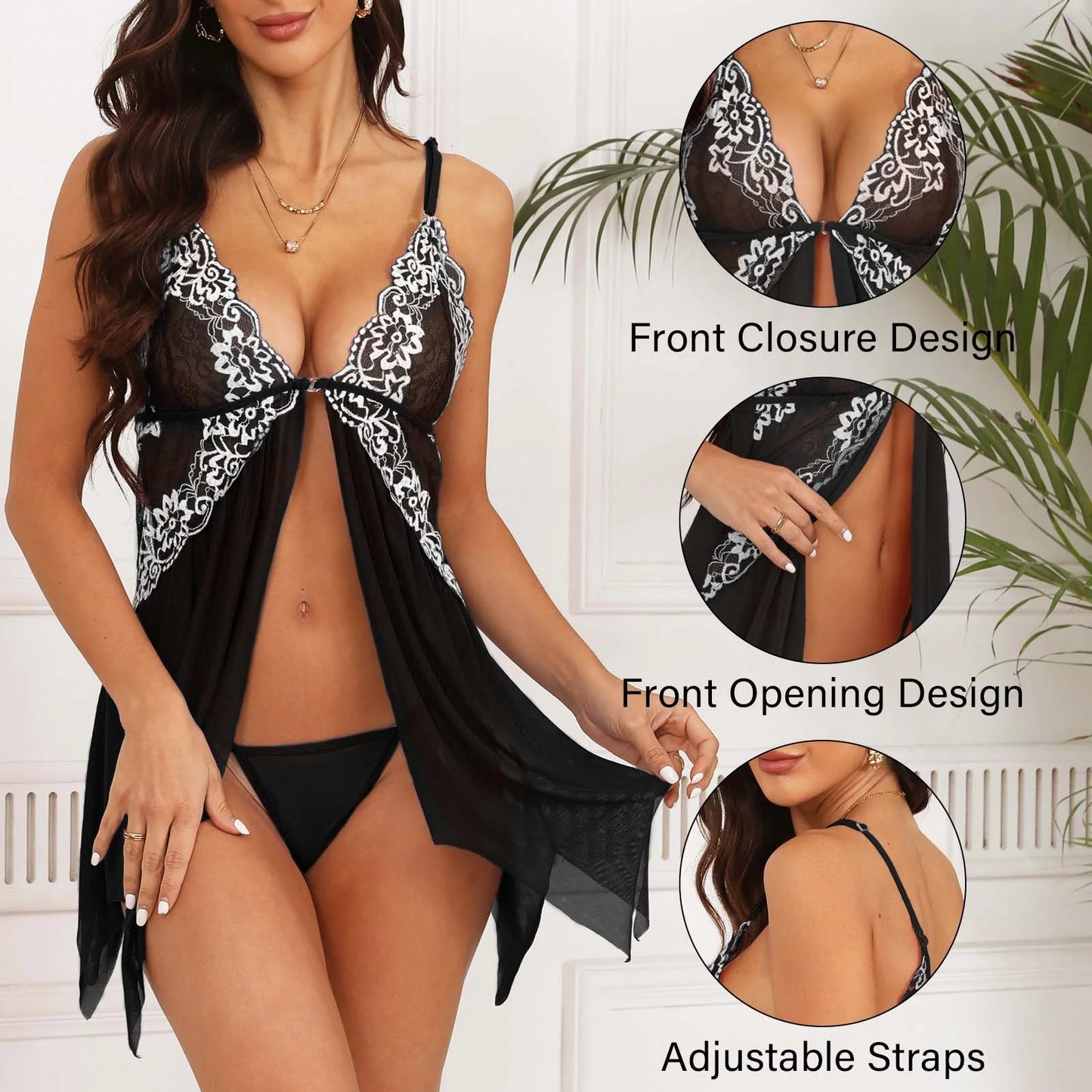 Lingerie for Women Front Closure Lace Babydoll Lingerie Sets Womens Lingerie - Black