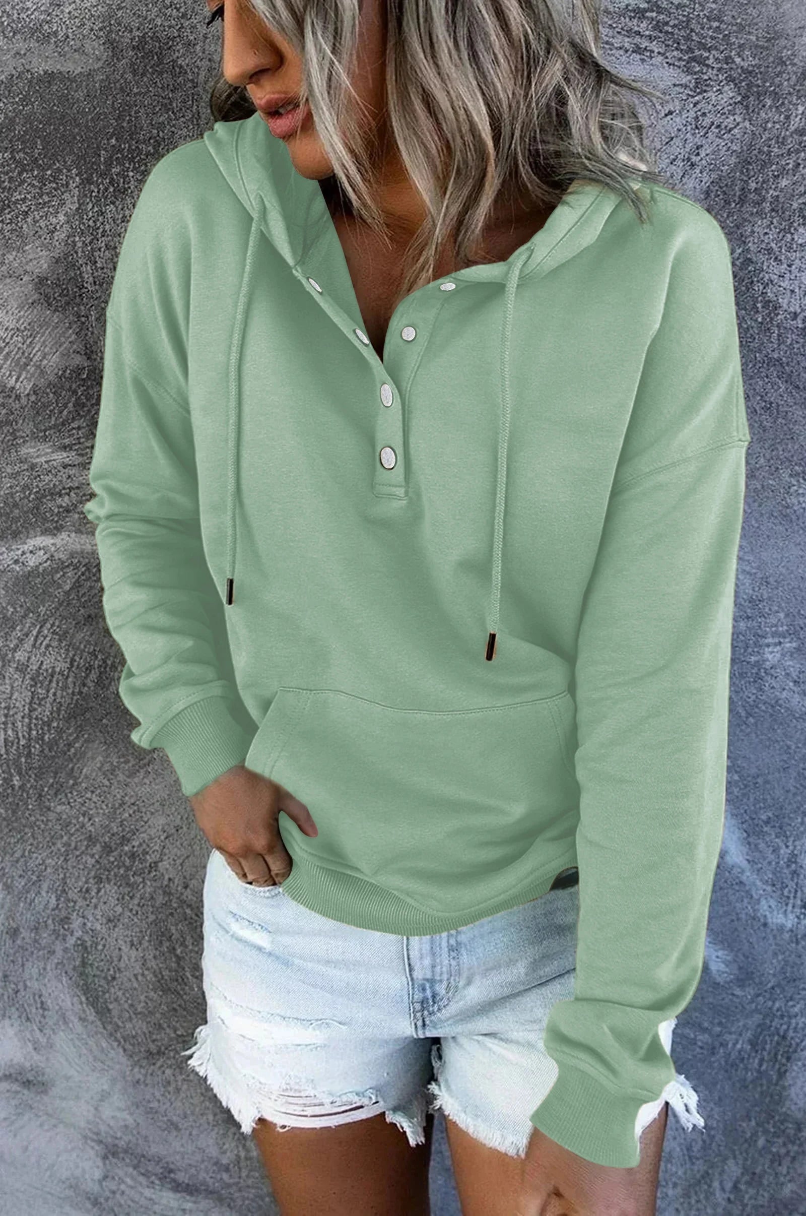 Half Boutton Womens Hoodies Drawstring Hooded Sweatshirts for Woman with Pocket