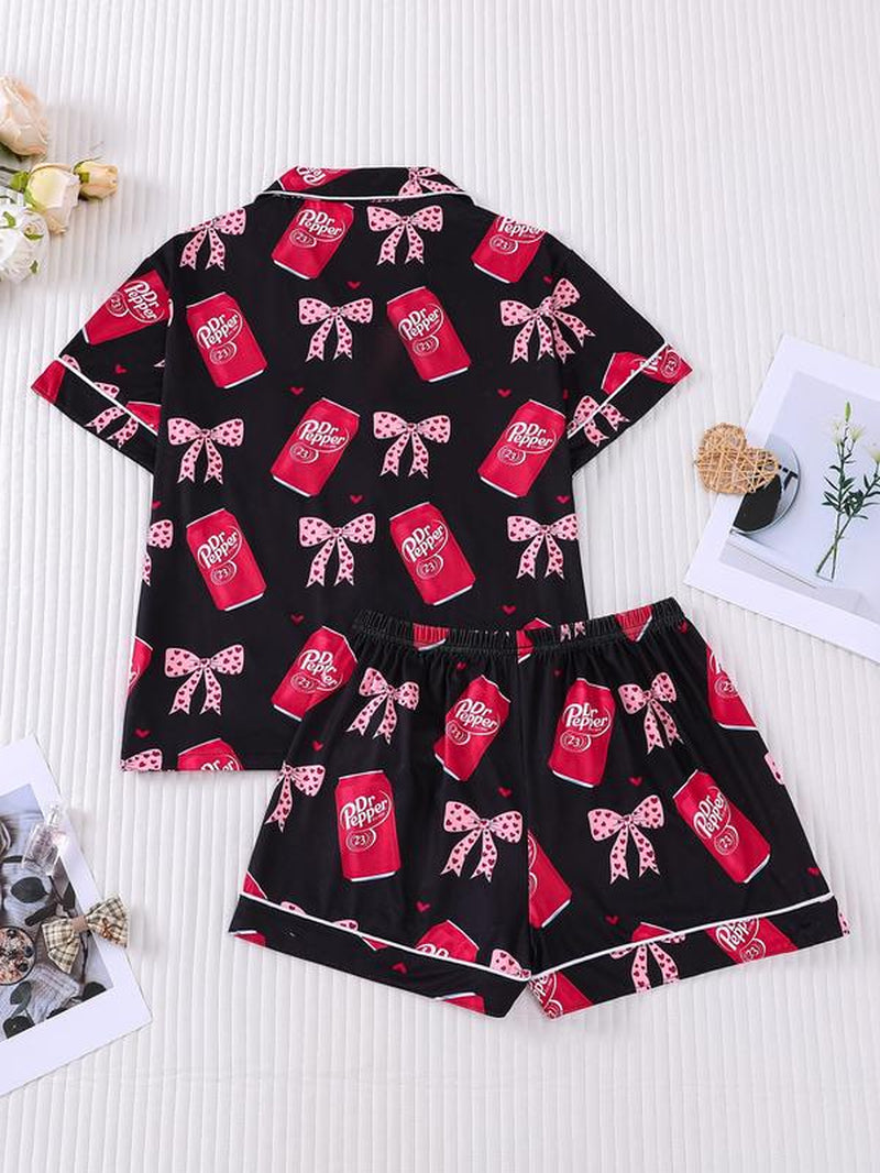 Women'S Valentine'S Day Spring Summer Set, Heart & Bow Pattern, Fitted Short Sleeve Top & Shorts, Casual All-Season Wear