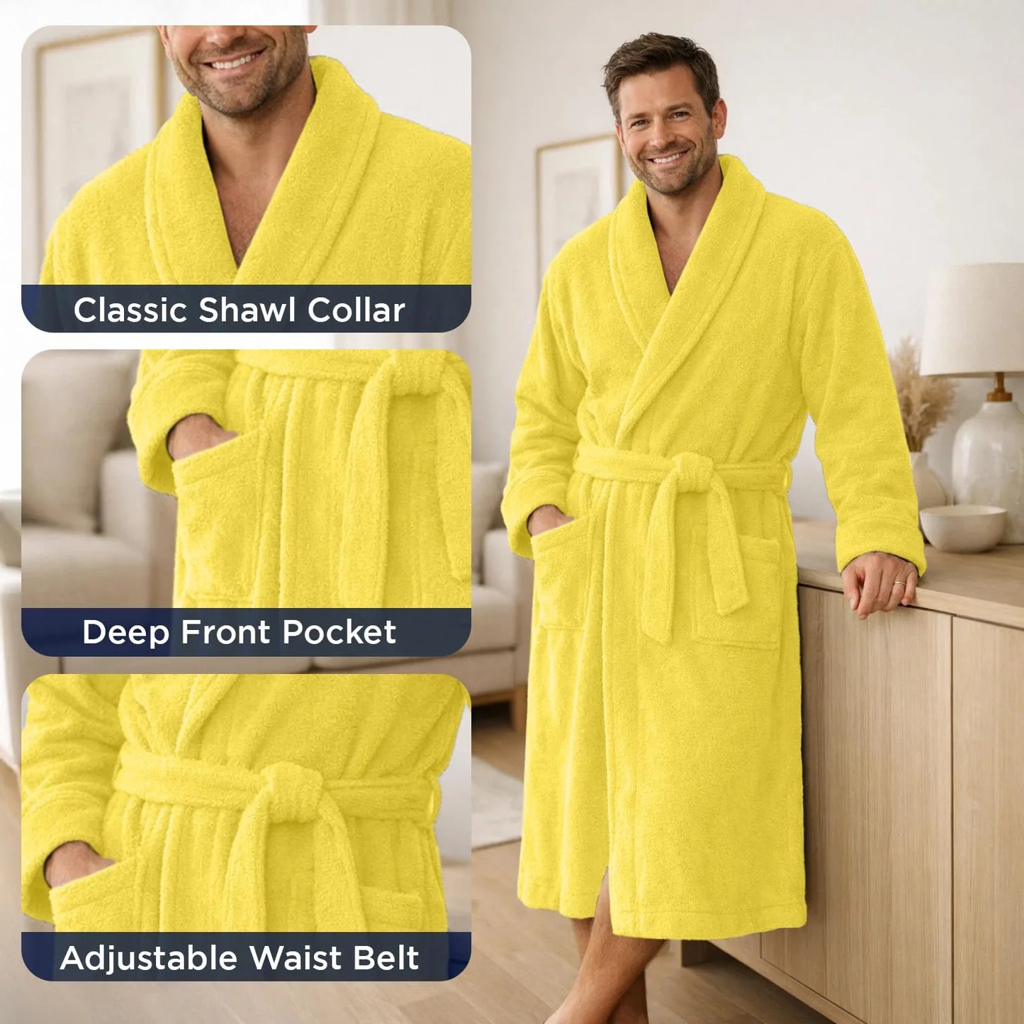 Bathrobe for Men and Women One Size Lightweight Cotton Terry Cloth Robe - Yellow
