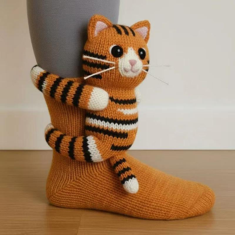 3D Knit Animal Socks, Knitted Plush Animal Pattern Socks - Cute Animal Design Socks, One Size Fits All, Quirky Style, Novelty Design, Soft Fabric, Durable Stitching, Unisex.