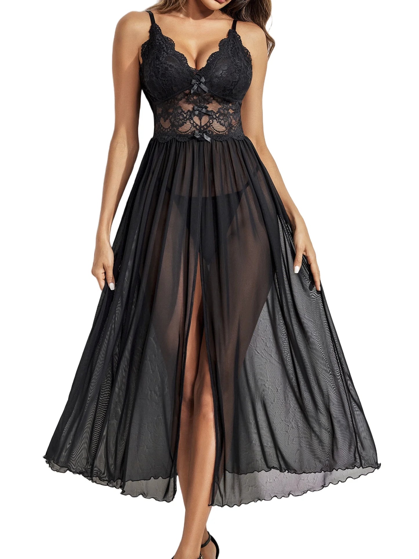 Women Lingerie Lace Chemise Sexy Mesh Nightdress V Neck Nightwear Split Nightgown S-XXL
