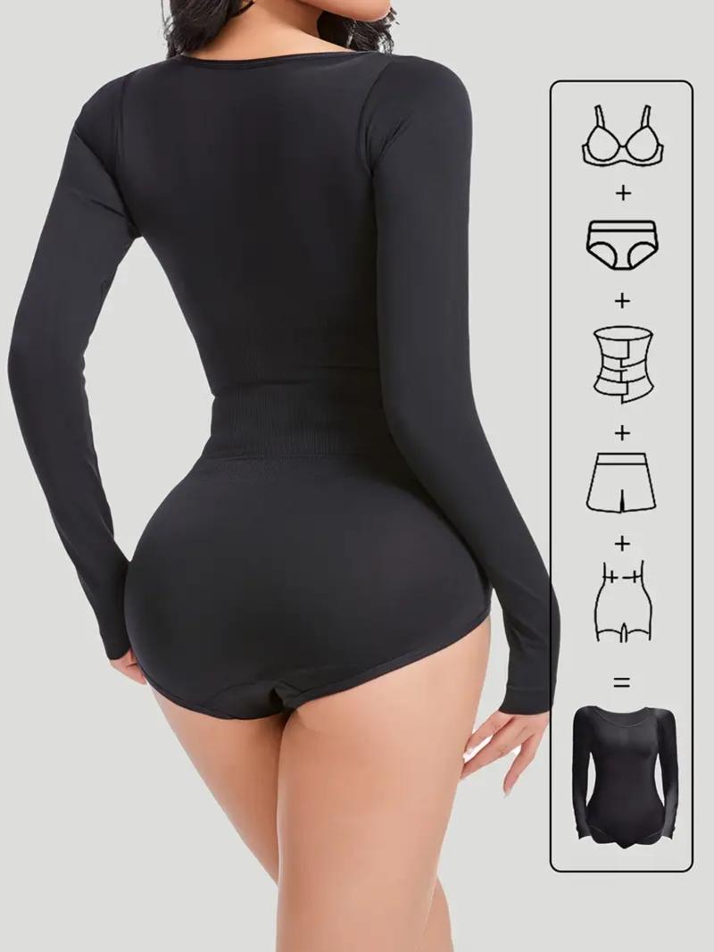 Women'S Shapewear for Fall&Winter,Ribbed Abdomen Control Bodysuit, Long Sleeve Seamless T Shirt,Comfortable Scoop Neck Body Suit Stretchy Basic Tops, Fit Soft Elastic Fabric, Perfect for Daily Wear and Going Out