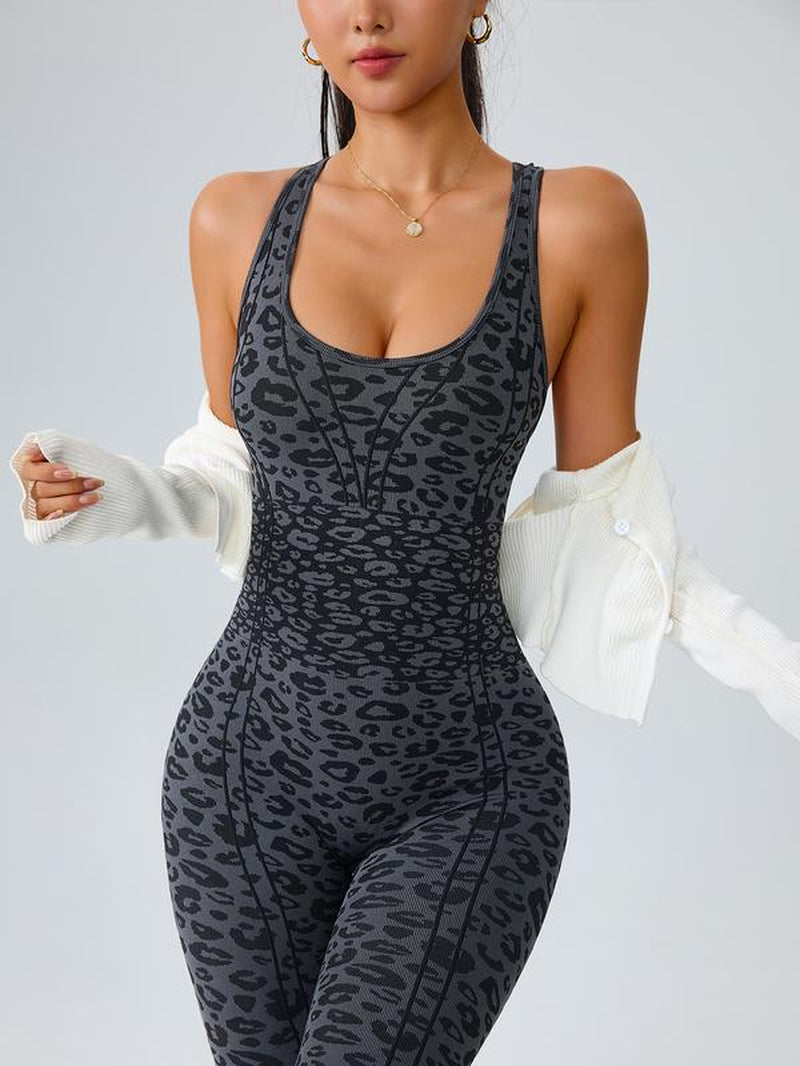 Seamless Knitted Tight-Fitting Women'S Leopard Print Jumpsuit, Outdoor Cycling Sports Onesie, One-Piece Sportswear, Sporty Jumpsuit, Workout Jumpsuit