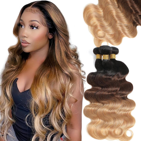 10A Ombre Human Hair Bundles Ombre Brazilian Hair Body Wave (T1B/4/27,18" 20" 22") Ombre Brazilian Human Hair Virgin Remy Hair Bundles 3 Tone Black to Blonde Human Hair Weave