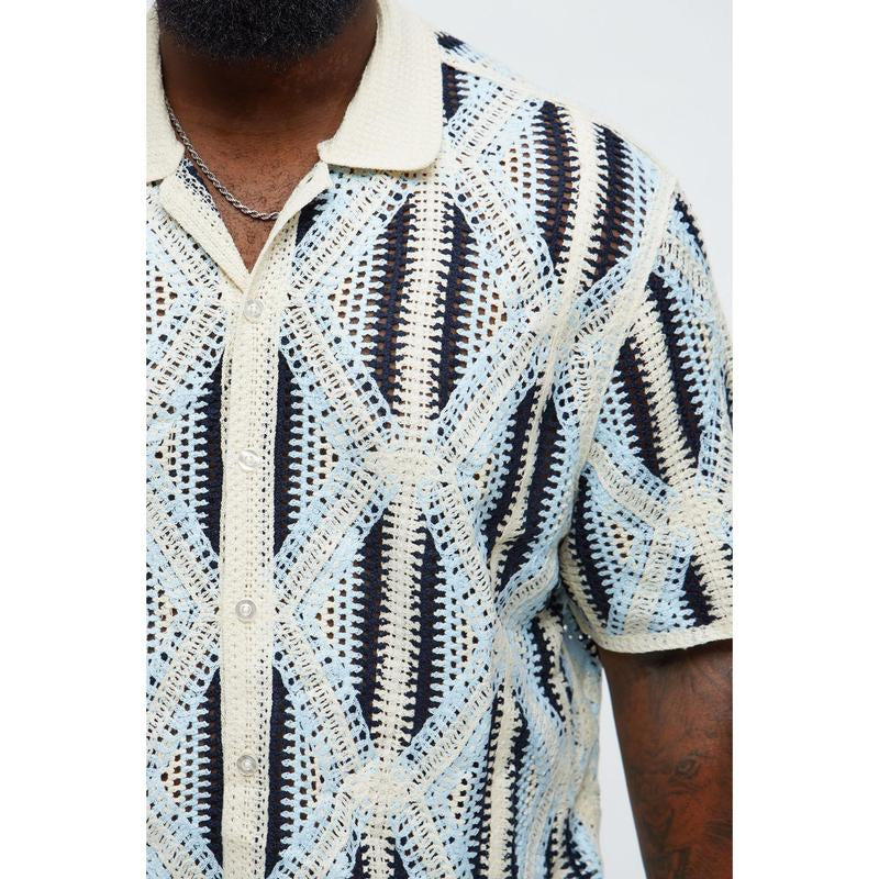 Cropped Relaxed Triangles Knit Closed Collar Shirt - Blue/Combo